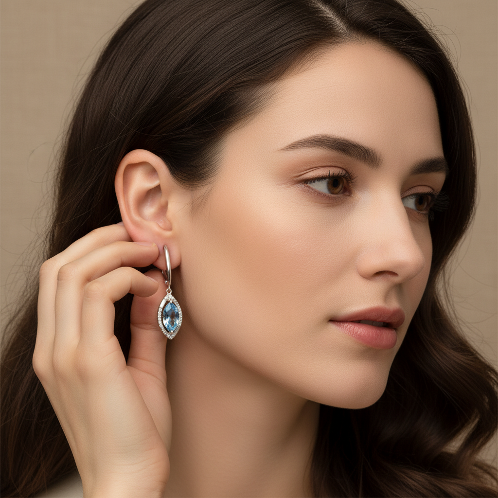 Natural Sky Blue Topaz Marquise Drop Earrings in Sterling Silver