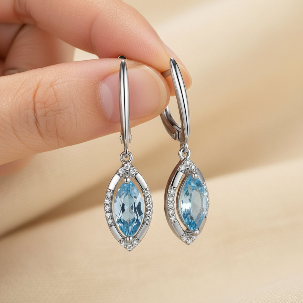 Natural Sky Blue Topaz Marquise Drop Earrings in Sterling Silver