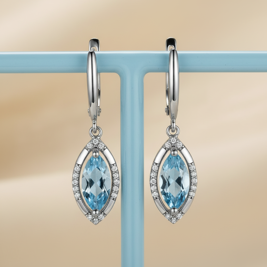 Natural Sky Blue Topaz Marquise Drop Earrings in Sterling Silver