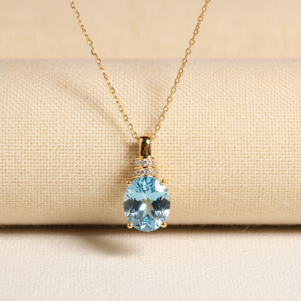 Natural Sky Blue Topaz Oval Pendant Necklace | in Sterling Silver