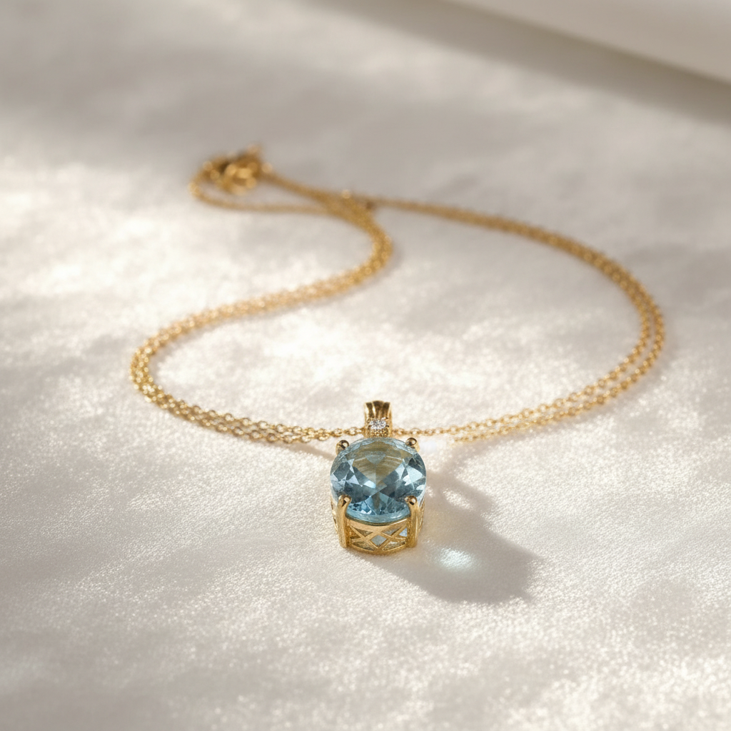 Natural Sky Blue Topaz Oval Pendant Necklace | in Sterling Silver