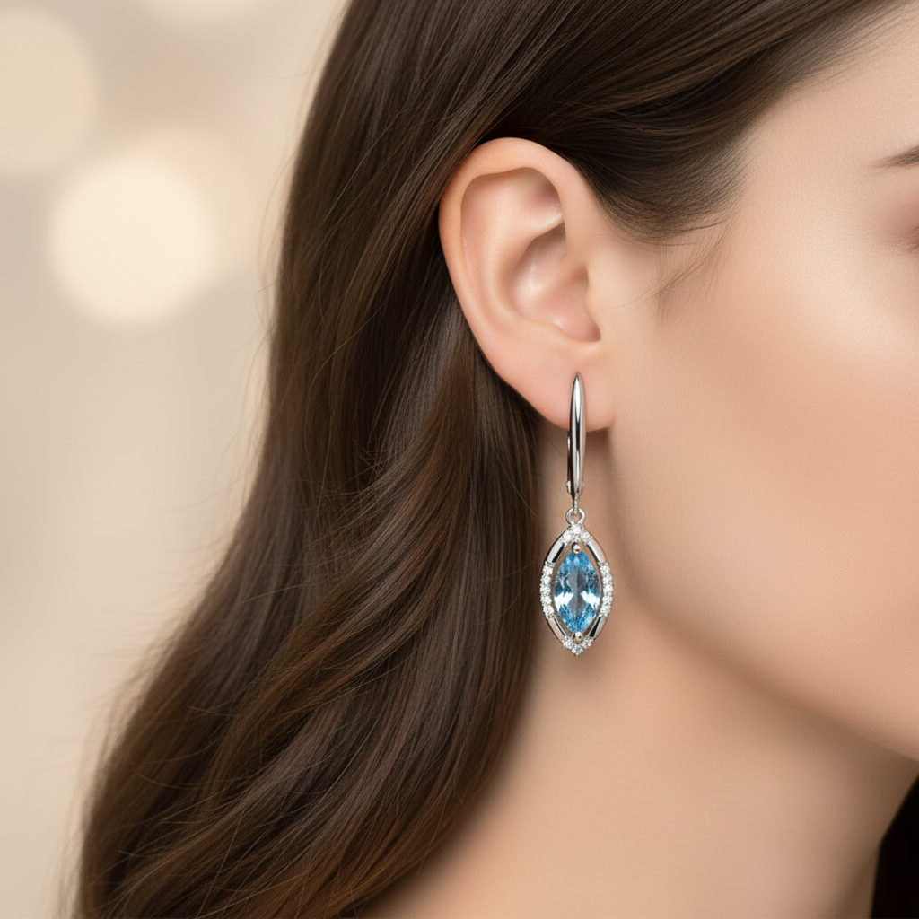 Natural Sky Blue Topaz Marquise Drop Earrings in Sterling Silver