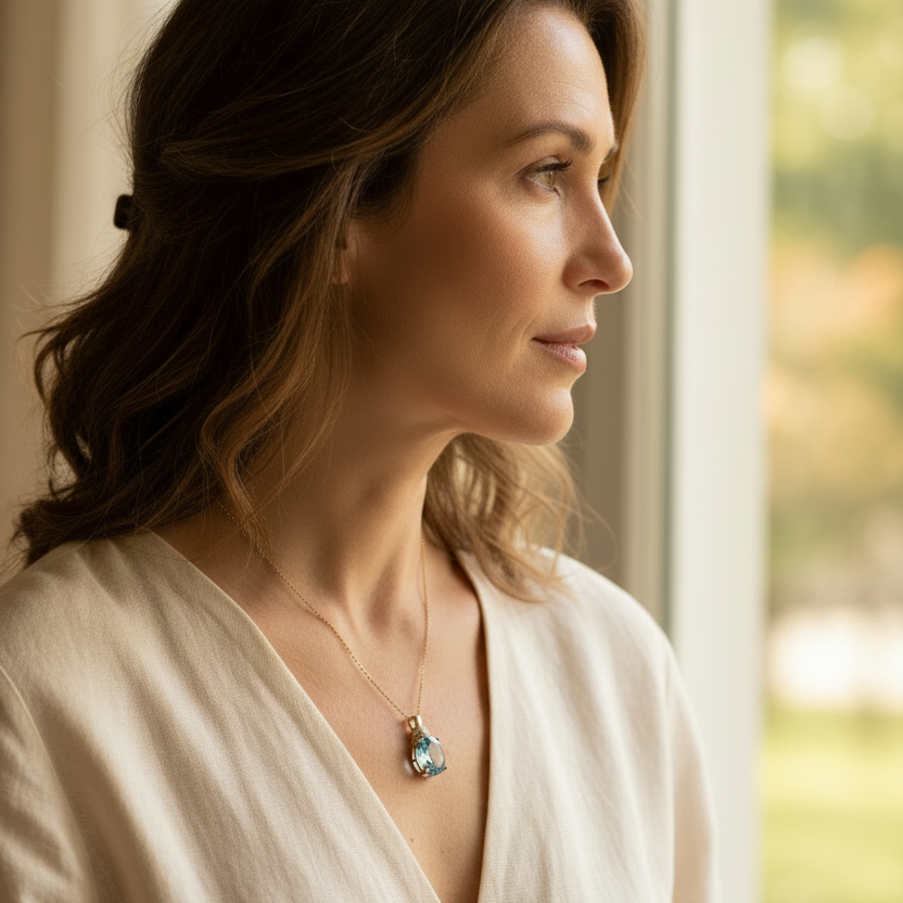Natural Sky Blue Topaz Oval Pendant Necklace | in Sterling Silver