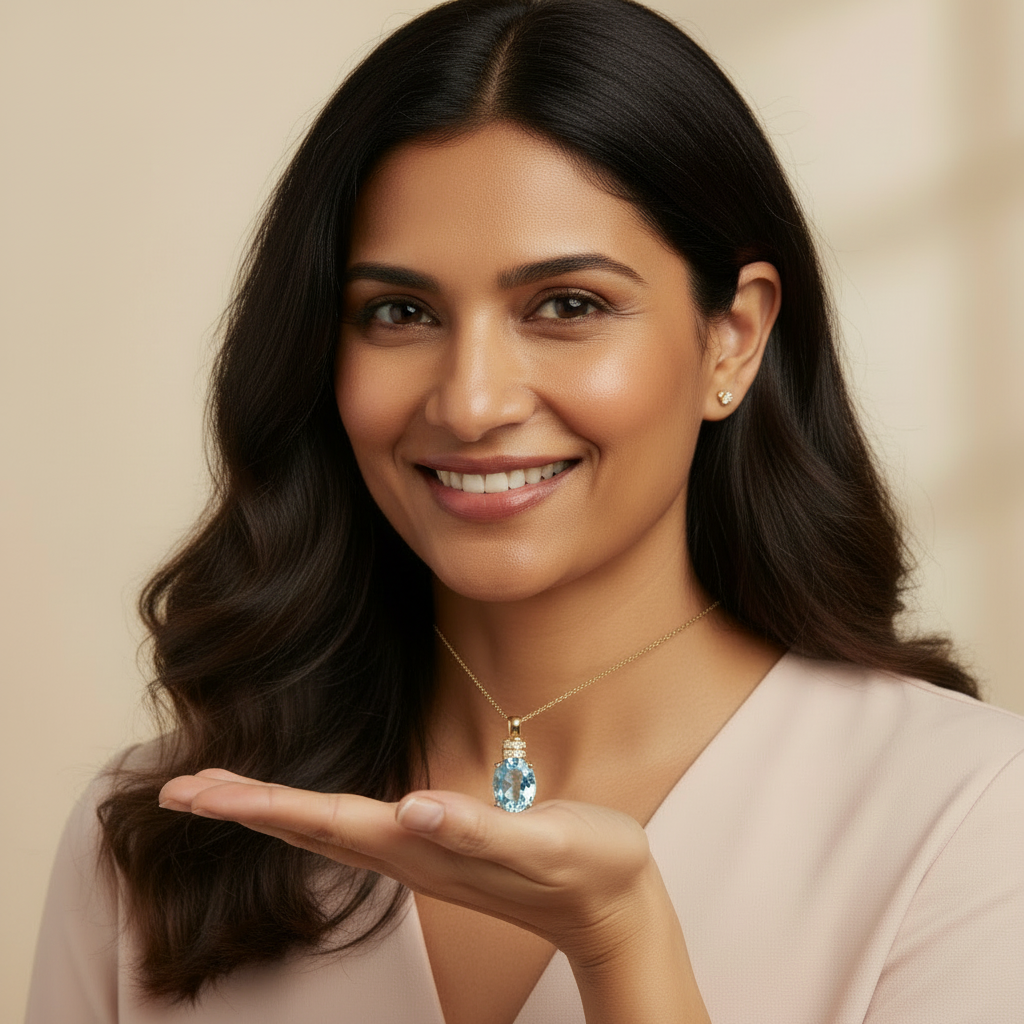 Natural Sky Blue Topaz Oval Pendant Necklace | in Sterling Silver
