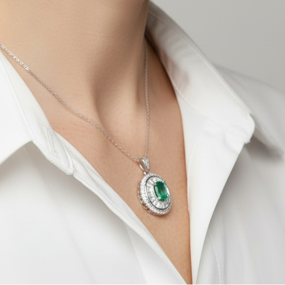Natural Emerald Halo Pendant Necklace in Sterling Silver