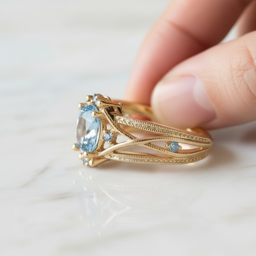 Inlaid Blue Glass Gold Ring