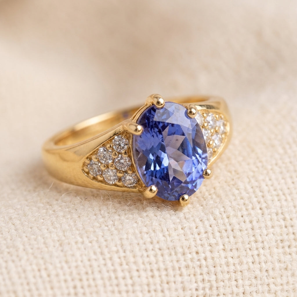 Natural blue tanzanite ring in gold-tone sterling silver with pave shoulders on warm cream wool