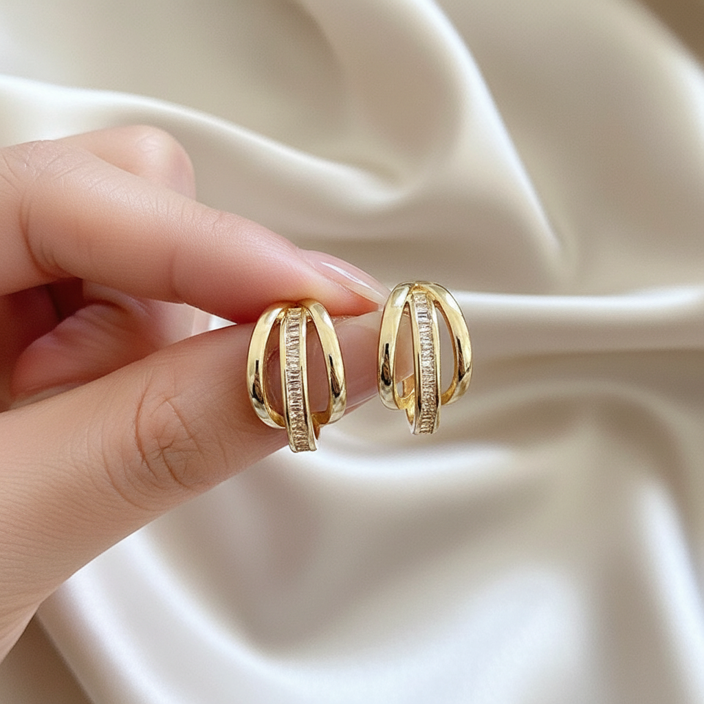 Three-Ring Drop Interlocking Earrings in Gold