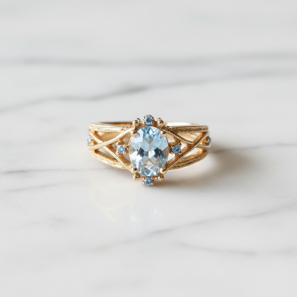 Inlaid Blue Glass Gold Ring