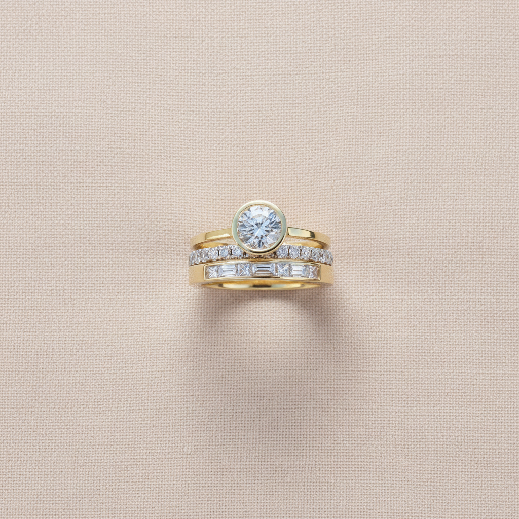 Gold ring with diamond and baguette stone on a light gray background