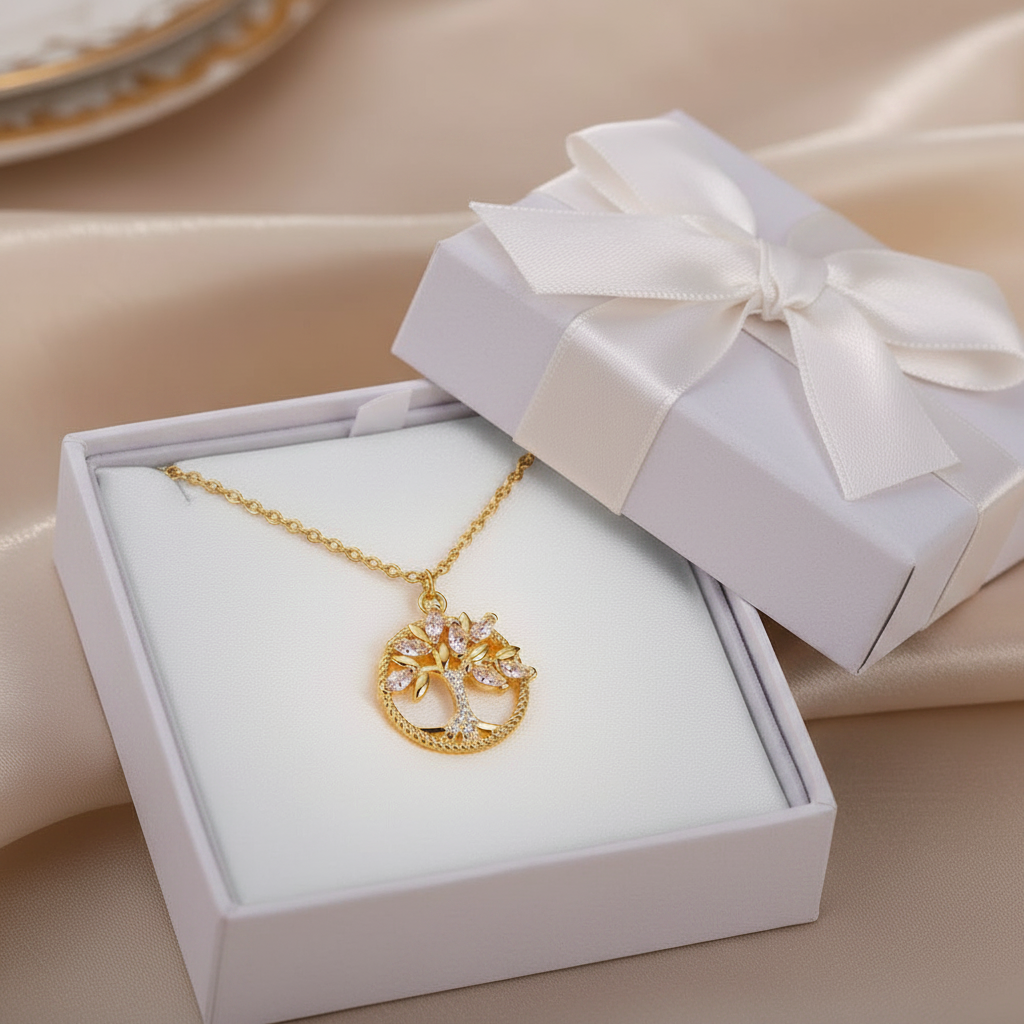 Tree of Life Zirconia Necklace in Gold