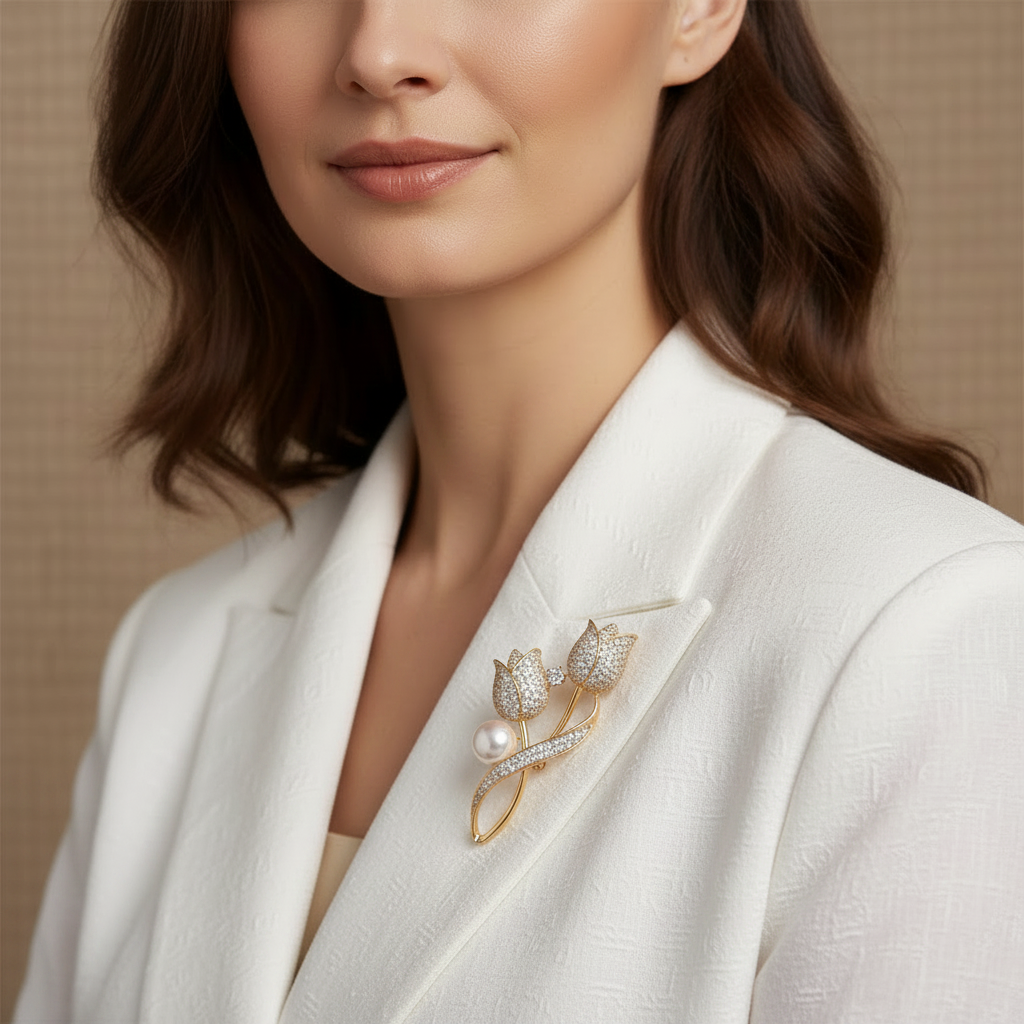 Tulip Brooch with Shiny Tulip Pearl in Gold and Silver