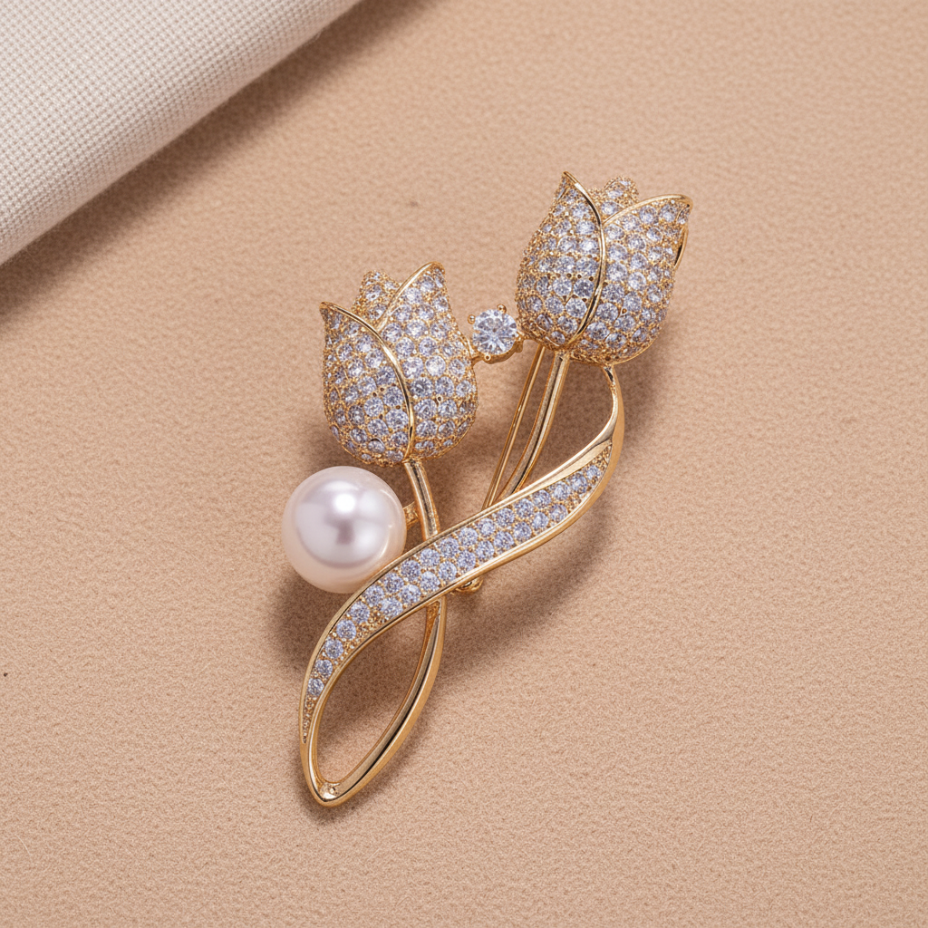 Tulip Brooch with Shiny Tulip Pearl in Gold and Silver