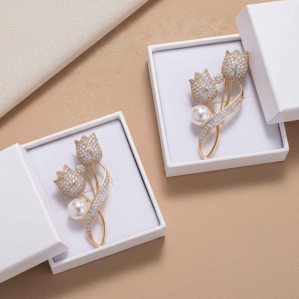 Tulip Brooch with Shiny Tulip Pearl in Gold and Silver
