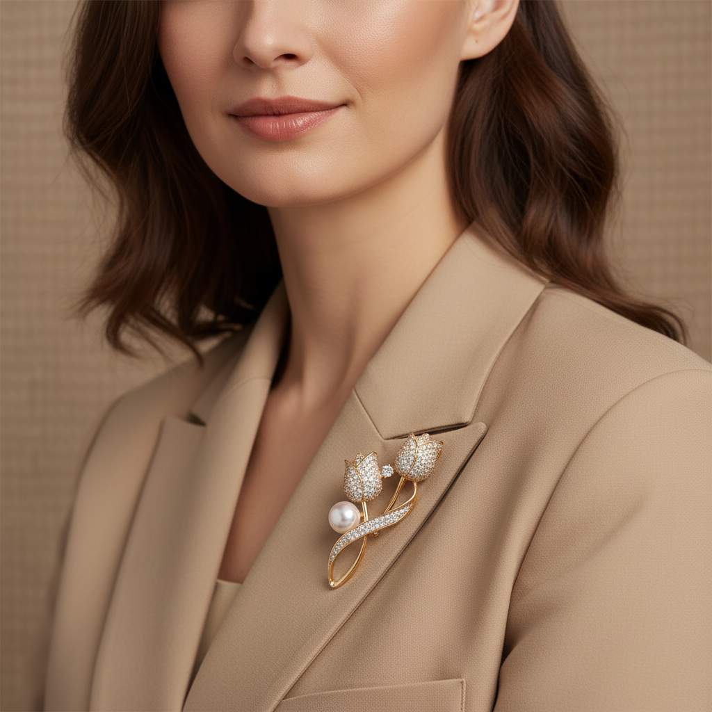 Tulip Brooch with Shiny Tulip Pearl in Gold and Silver