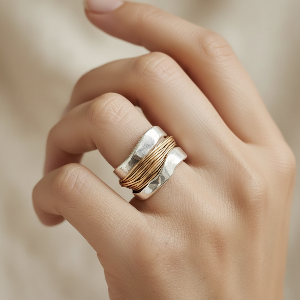 Two-Tone Silver & Gold Threaded Ring