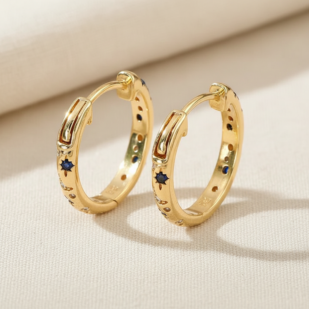 Vintage Blue Hoop Gold Earrings