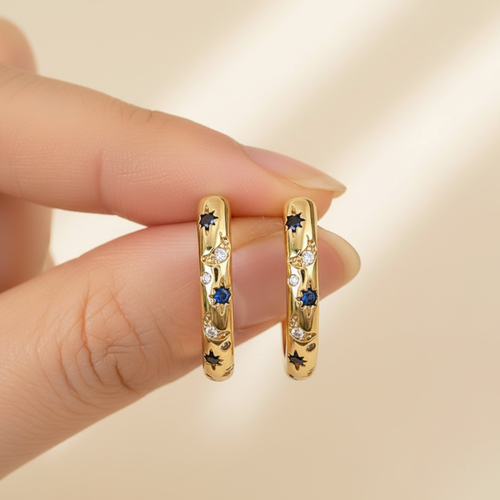 Vintage Blue Hoop Gold Earrings