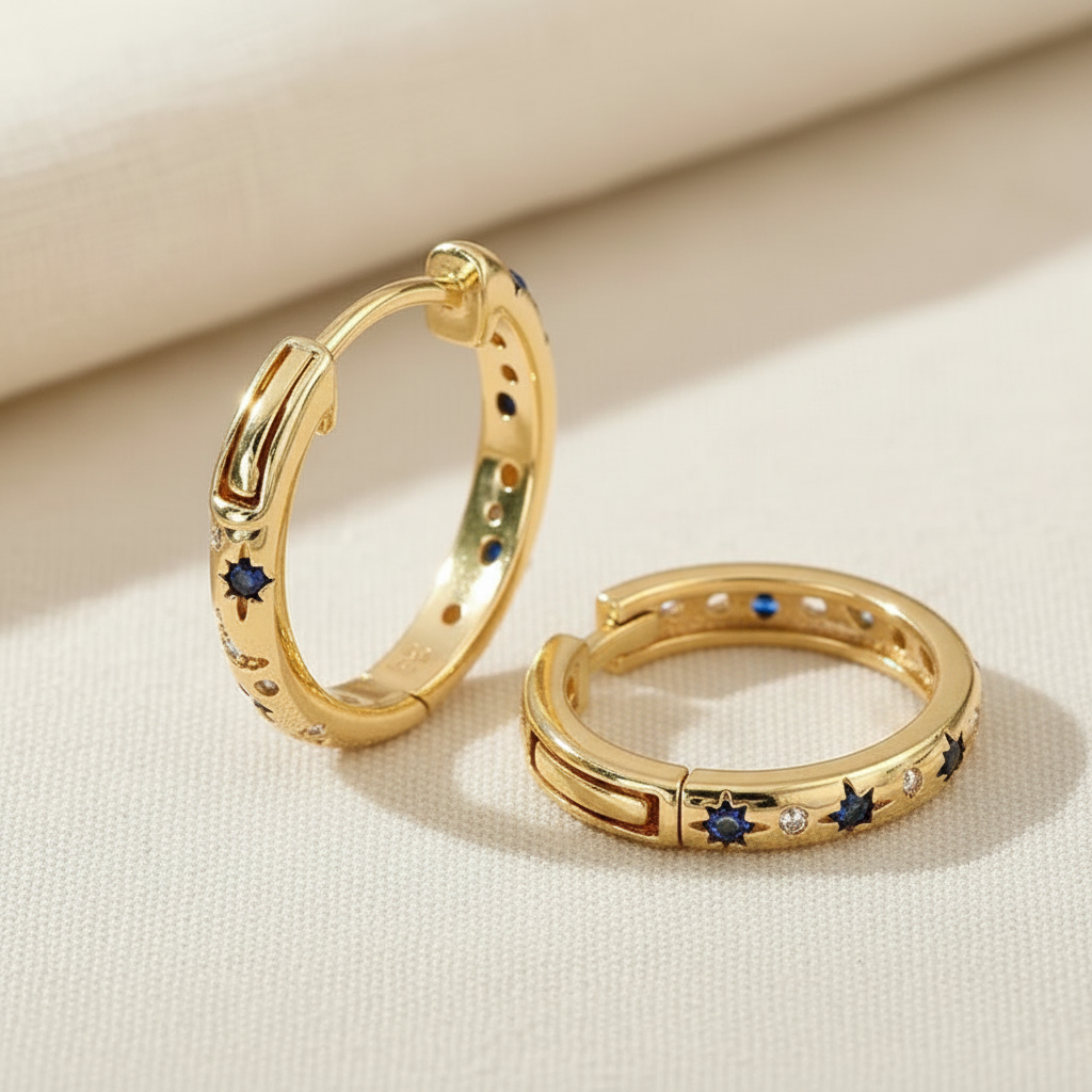 Vintage Blue Hoop Gold Earrings