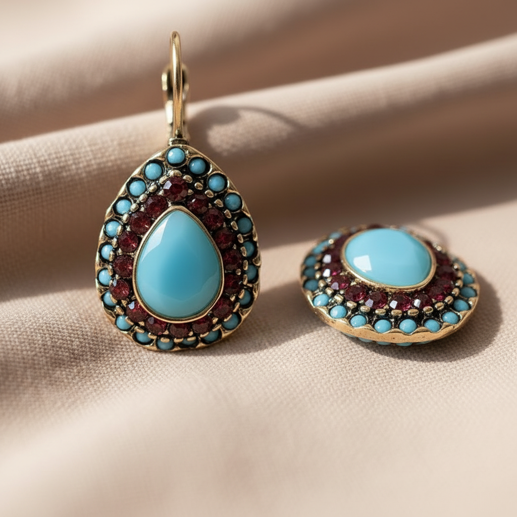 Blue Opal Mandala Drop Earrings in Antique Gold