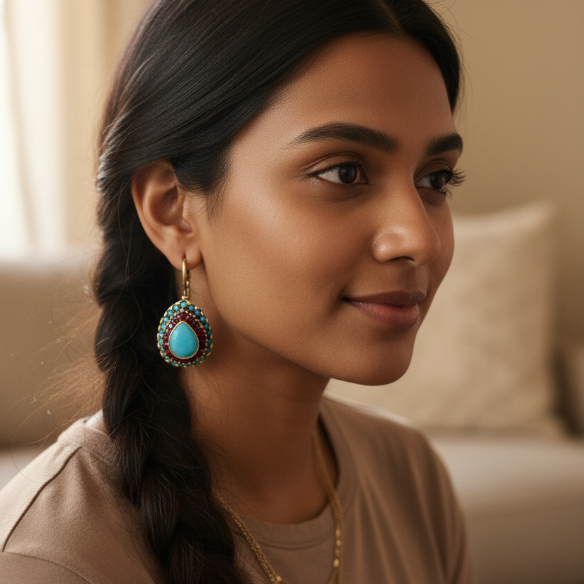 Blue Opal Mandala Drop Earrings in Antique Gold