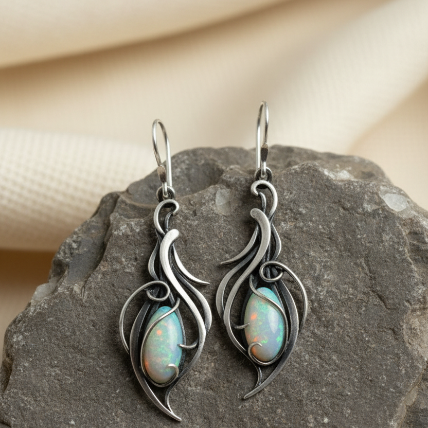 Vintage White Opal Silver Scroll Earrings