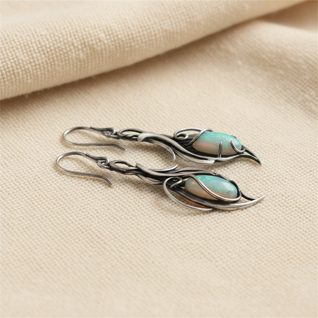 Vintage White Opal Silver Scroll Earrings
