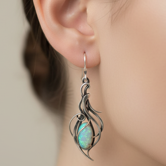 Vintage White Opal Silver Scroll Earrings