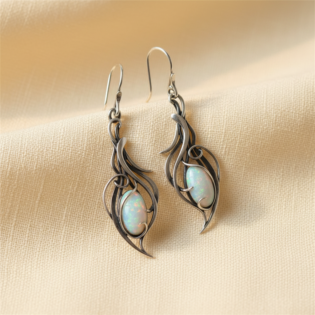 Vintage White Opal Silver Scroll Earrings