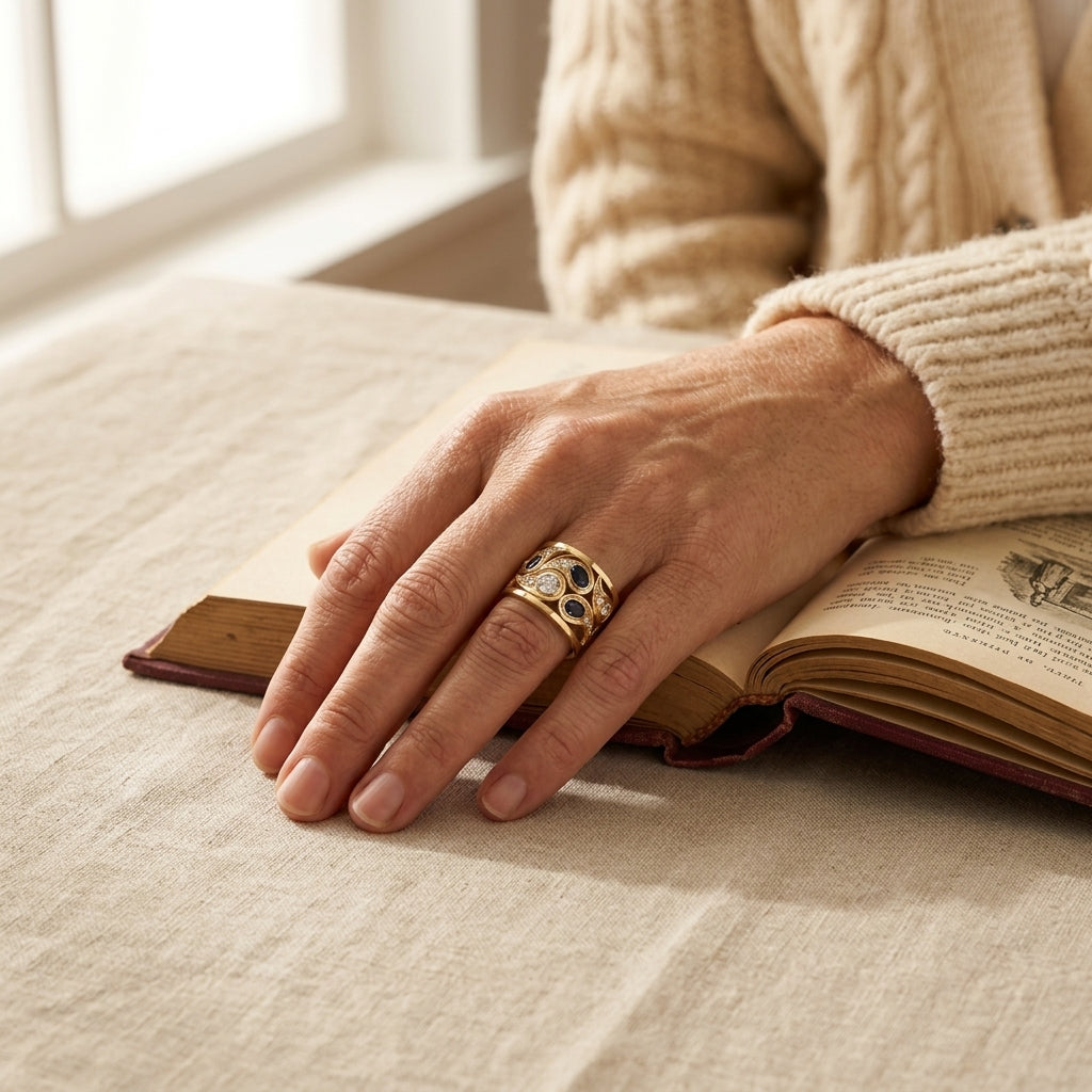 By Sophi Vintage Blue Zirconia Ring in Gold, editorial hand on hardcover book with linen