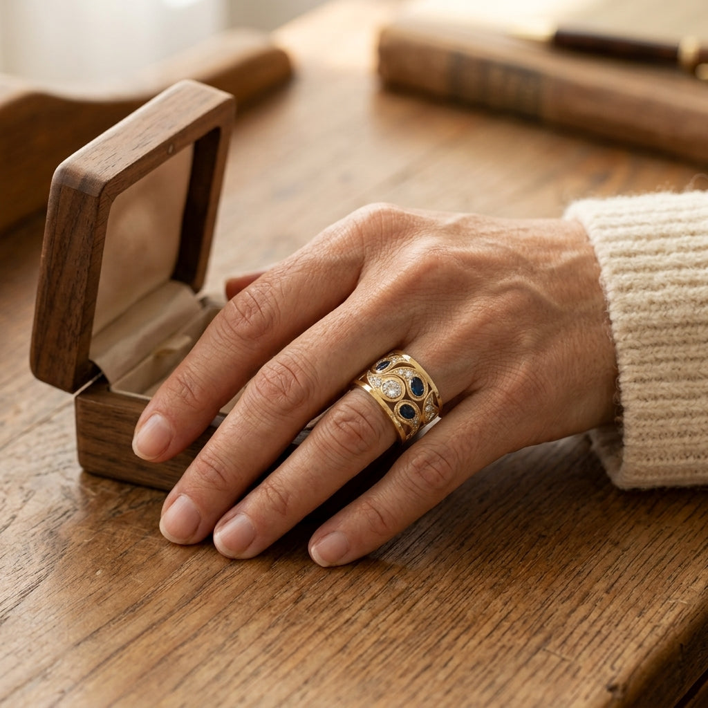 By Sophi Vintage Blue Zirconia Ring in Gold, worn beside vintage wooden jewelry box