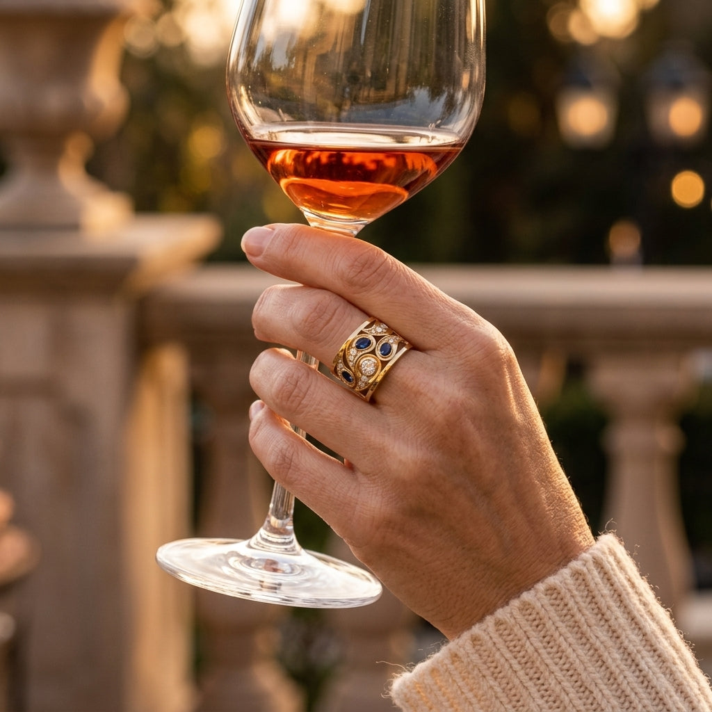 By Sophi Vintage Blue Zirconia Ring in Gold, worn with wine glass at golden hour