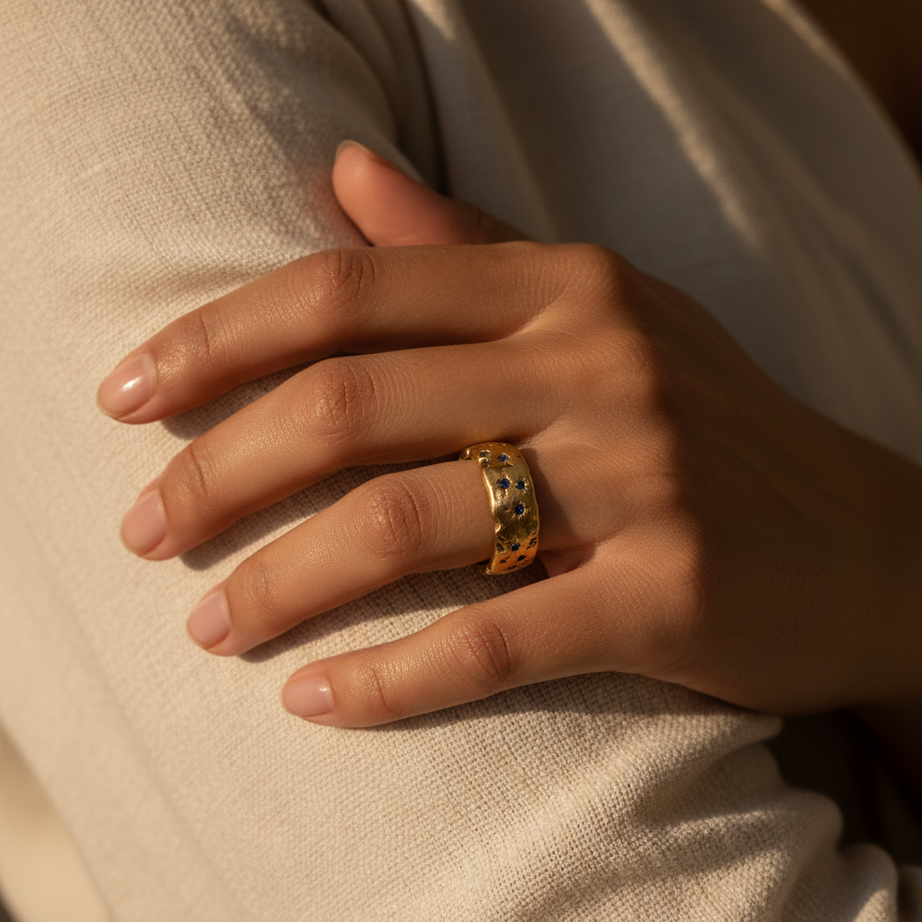 Vintage Golden Forged Blue Inlaid Crystal Ring