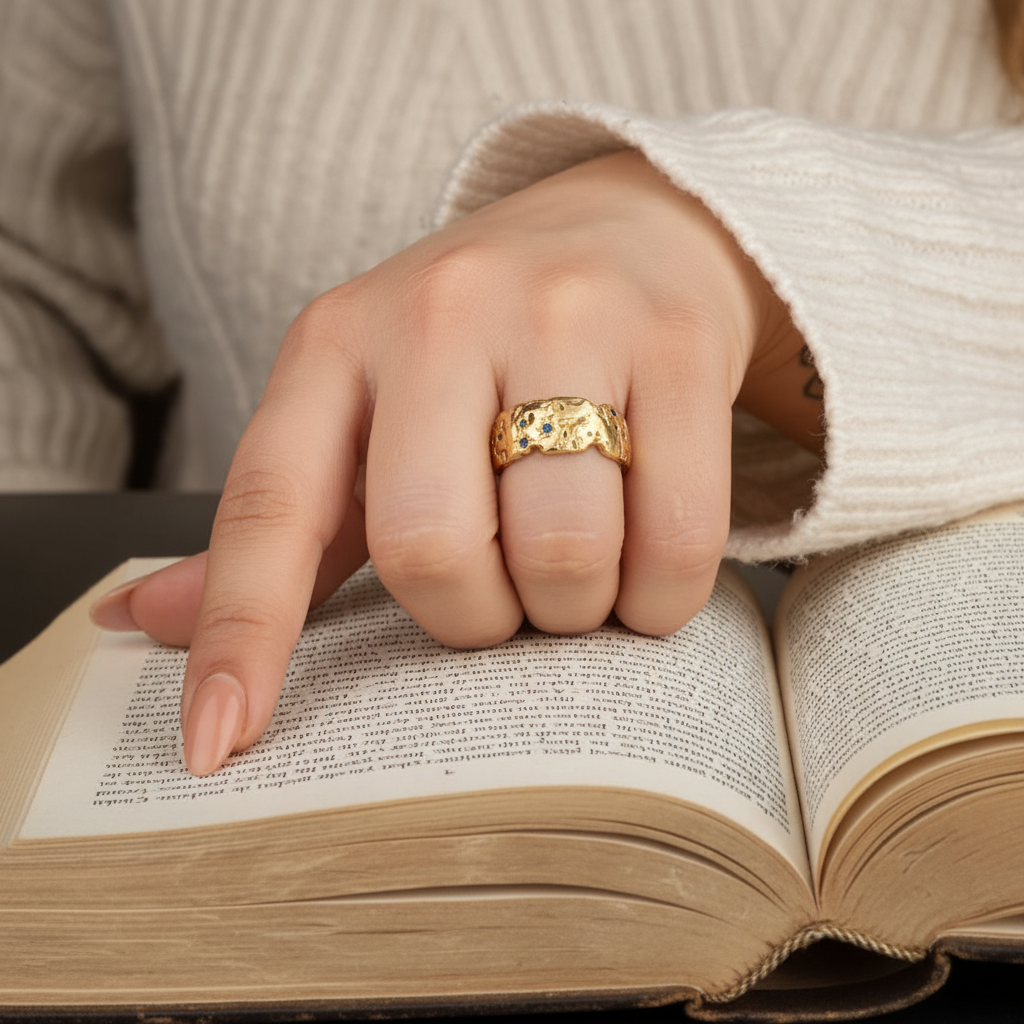 Vintage Golden Forged Blue Inlaid Crystal Ring