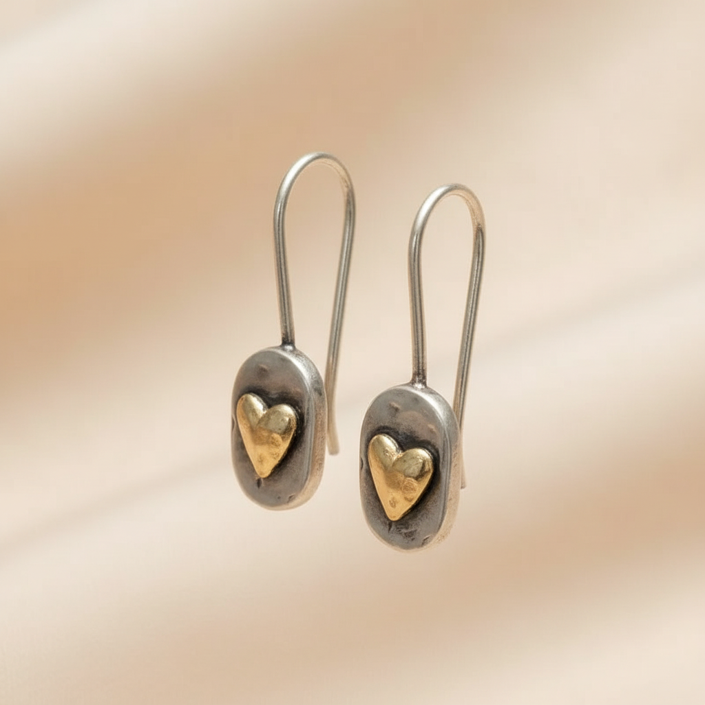 Vintage Golden Heart Silver Earrings