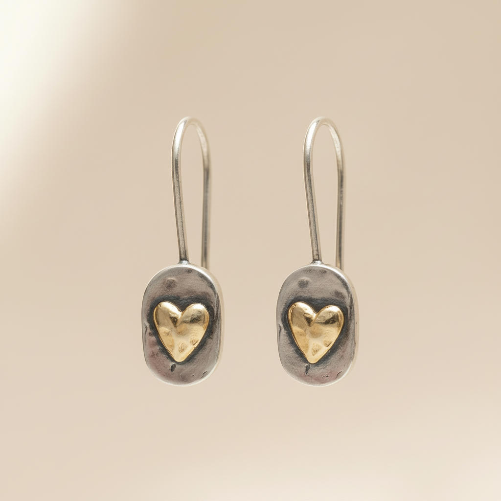 Vintage Golden Heart Silver Earrings