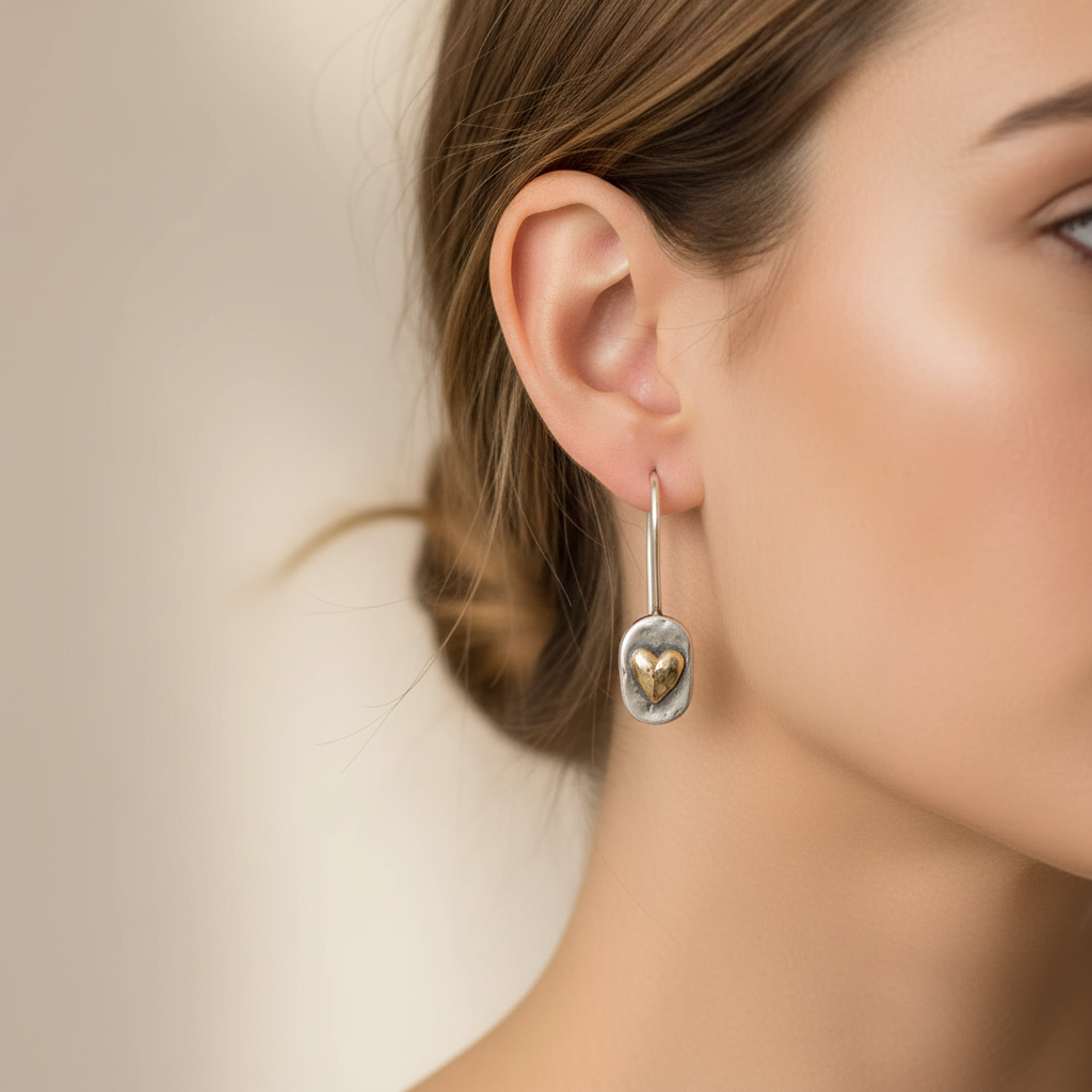 Vintage Golden Heart Silver Earrings