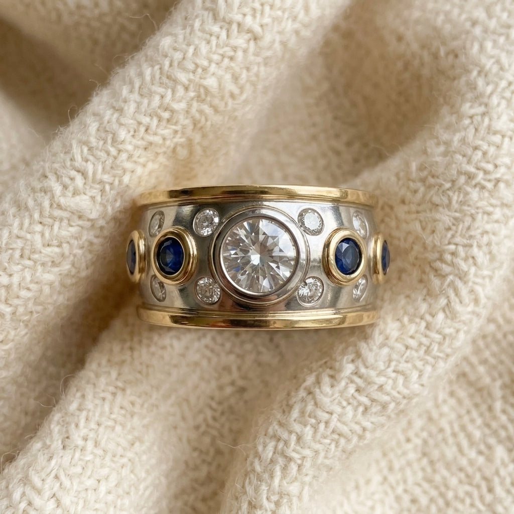 By Sophi Vintage Golden Inlaid Zirconia Ring, flat-lay on warm cream wool