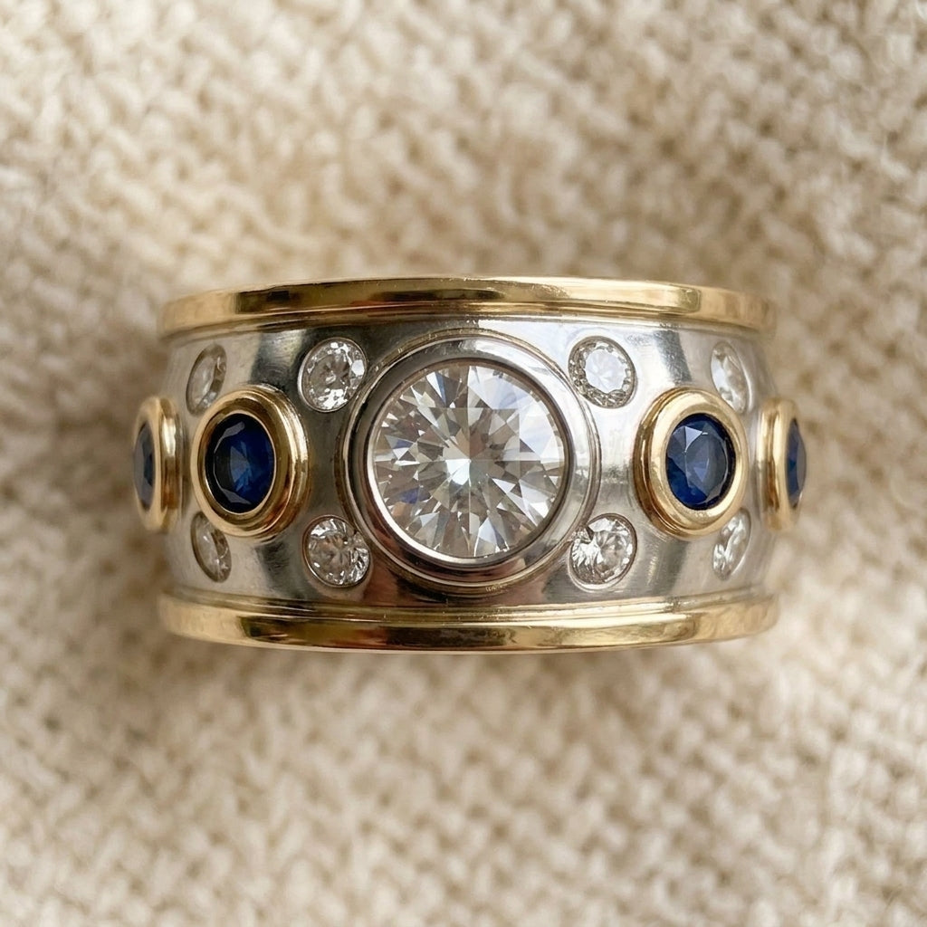 By Sophi Vintage Golden Inlaid Zirconia Ring, detail macro on warm cream wool