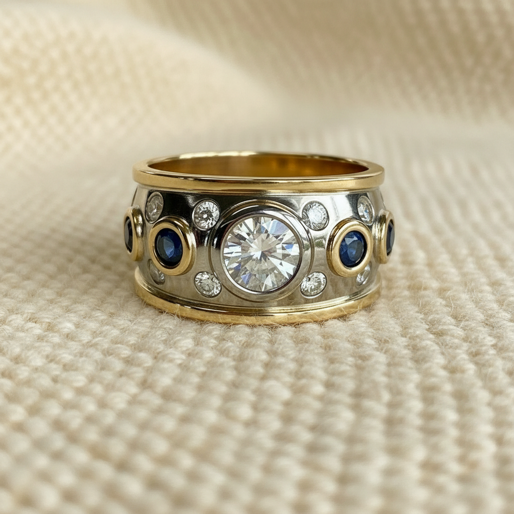 Vintage Golden Inlaid Zirconia Ring — Front