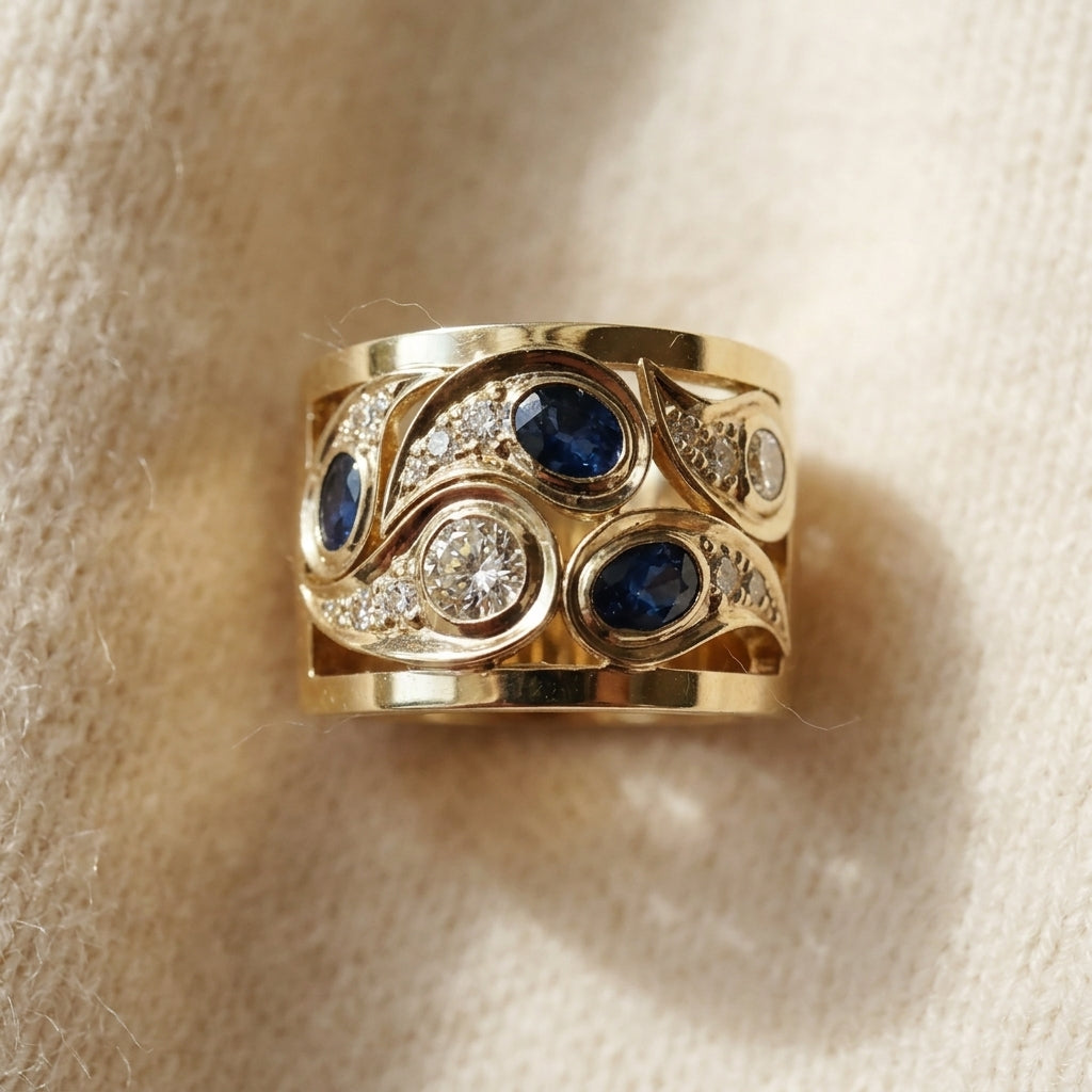 By Sophi Vintage Blue Zirconia Ring in Gold, detail macro on warm cream wool