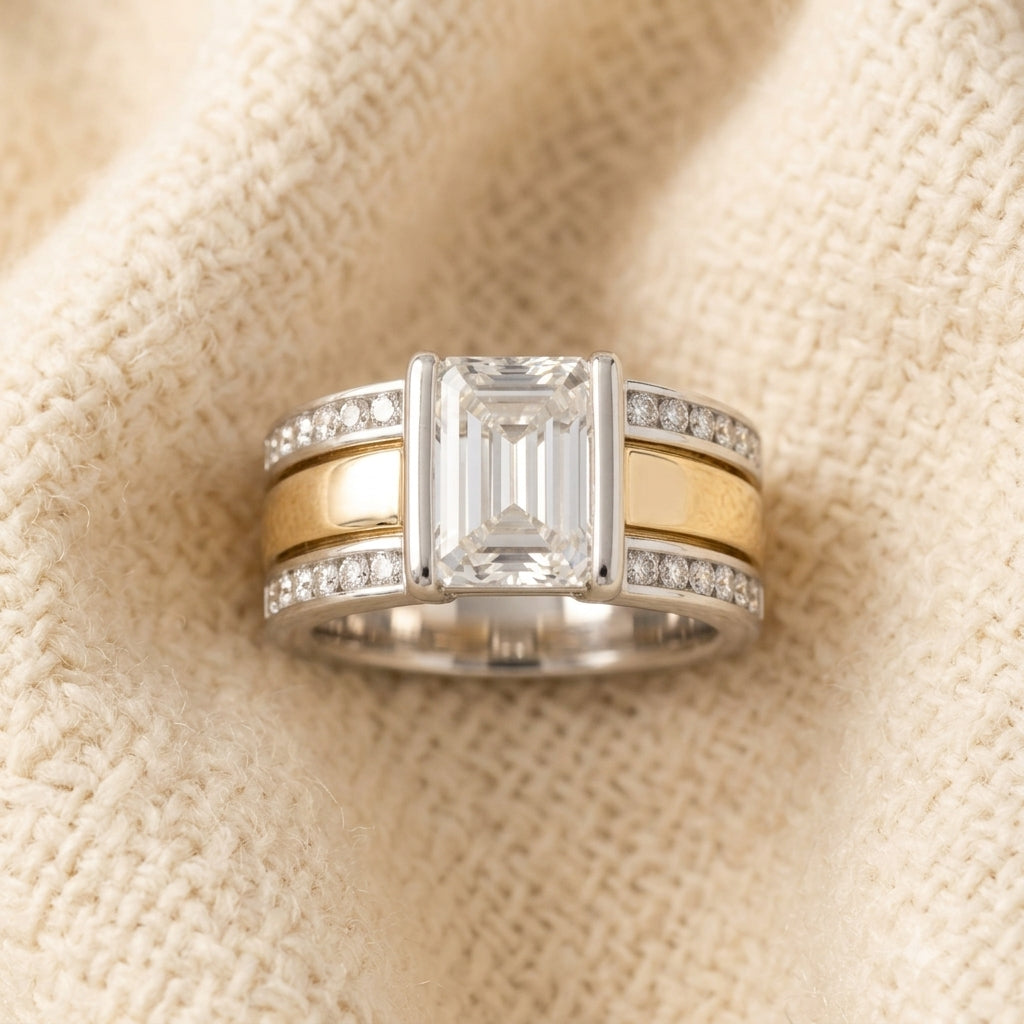 By Sophi Vintage Two-Tone Silver & Gold Crystal Ring, flat-lay on warm cream wool