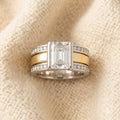 By Sophi Vintage Two-Tone Silver & Gold Crystal Ring, flat-lay on warm cream wool