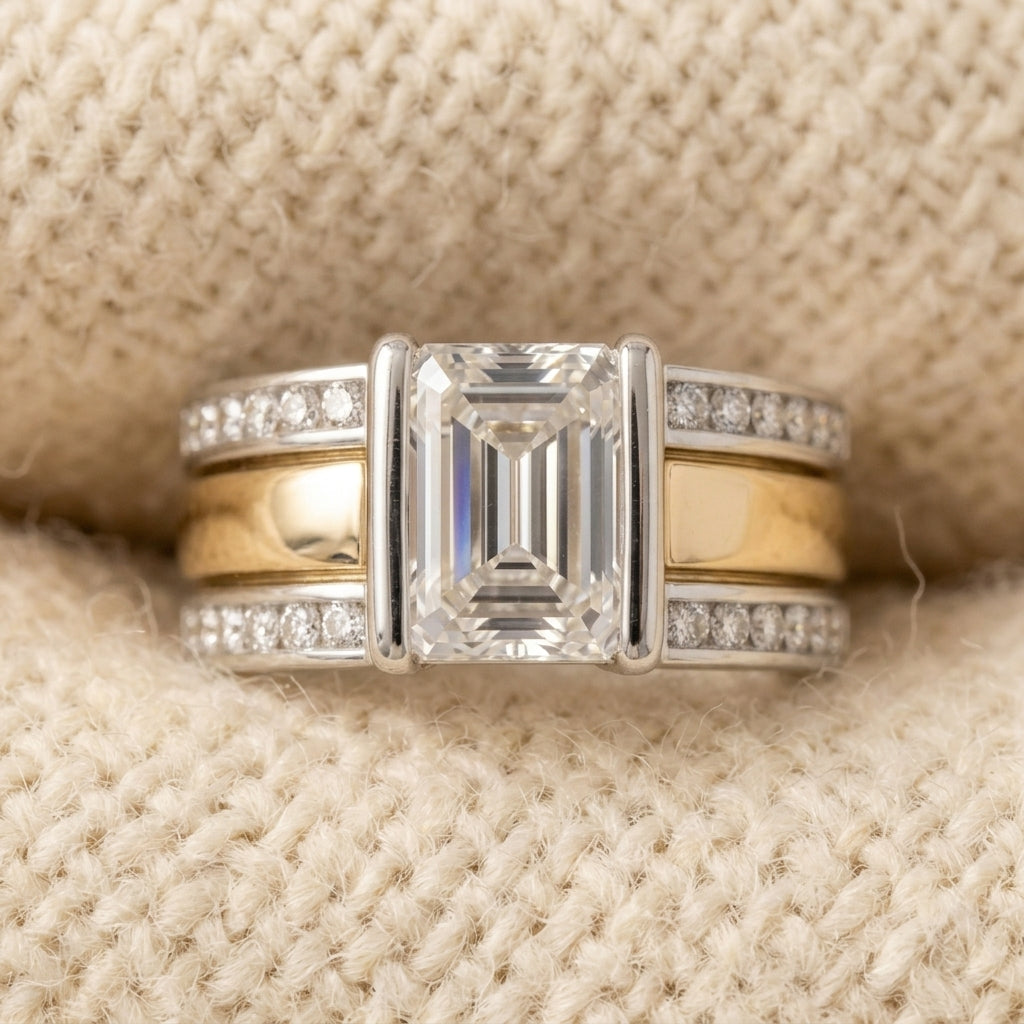 By Sophi Vintage Two-Tone Silver & Gold Crystal Ring, detail macro on warm cream wool
