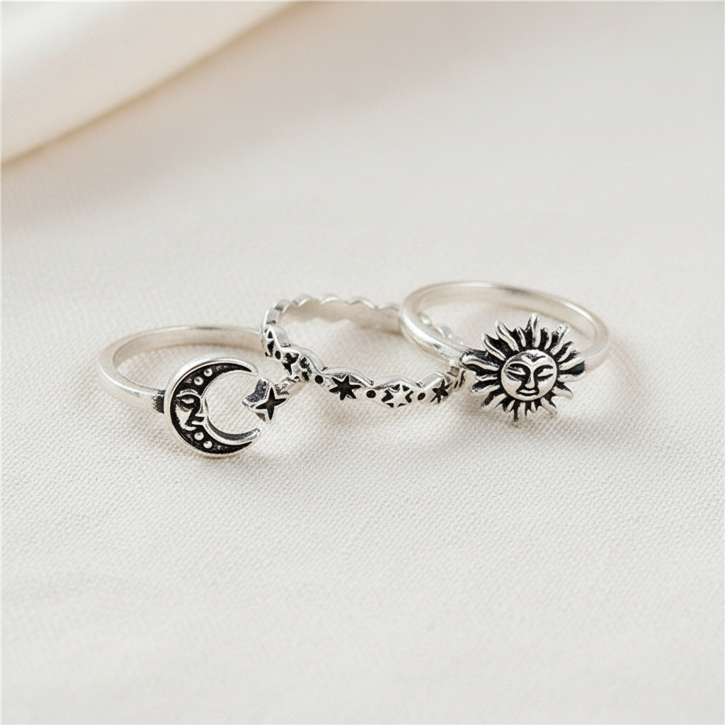Vintage Moon and Star Ring Set in Silver