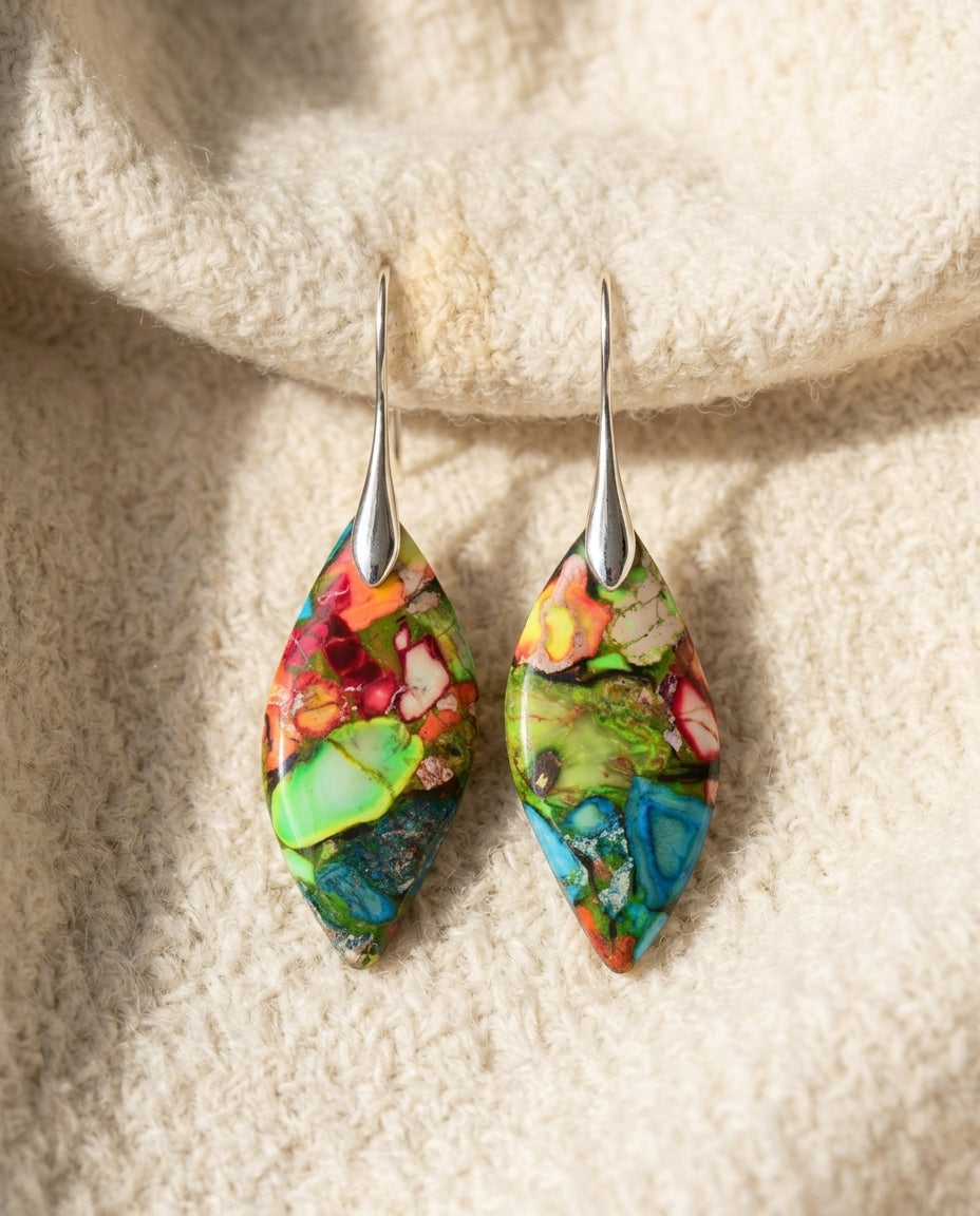 By Sophi Vintage Multi-Colored Stone Earrings flat-lay on warm cream wool