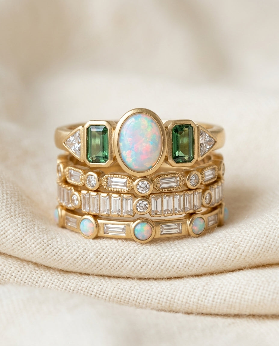 Vintage opal and zirconia stacking ring set on cream textile, four gold-tone bands with mixed-stone tops