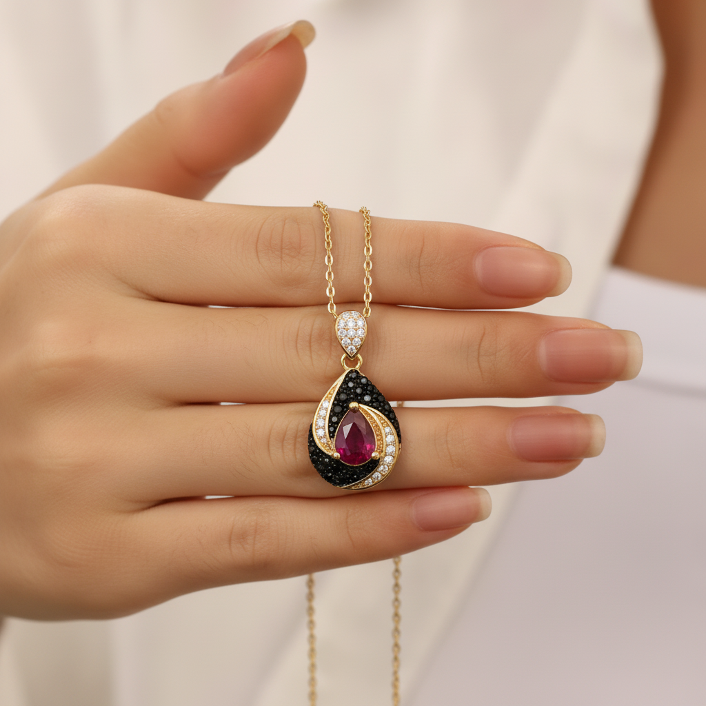 Vintage Pear Ruby Pendant in Sterling Silver