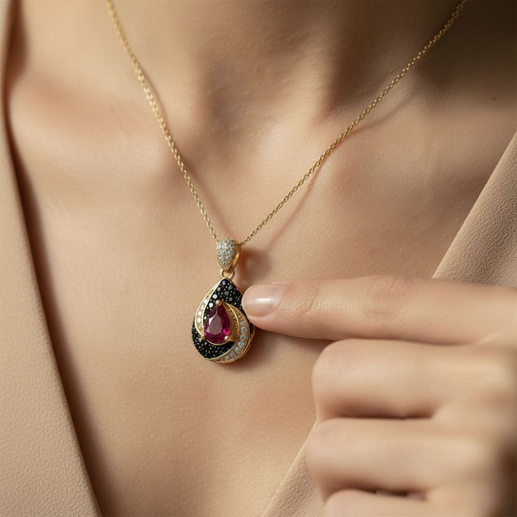 Vintage Pear Ruby Pendant in Sterling Silver