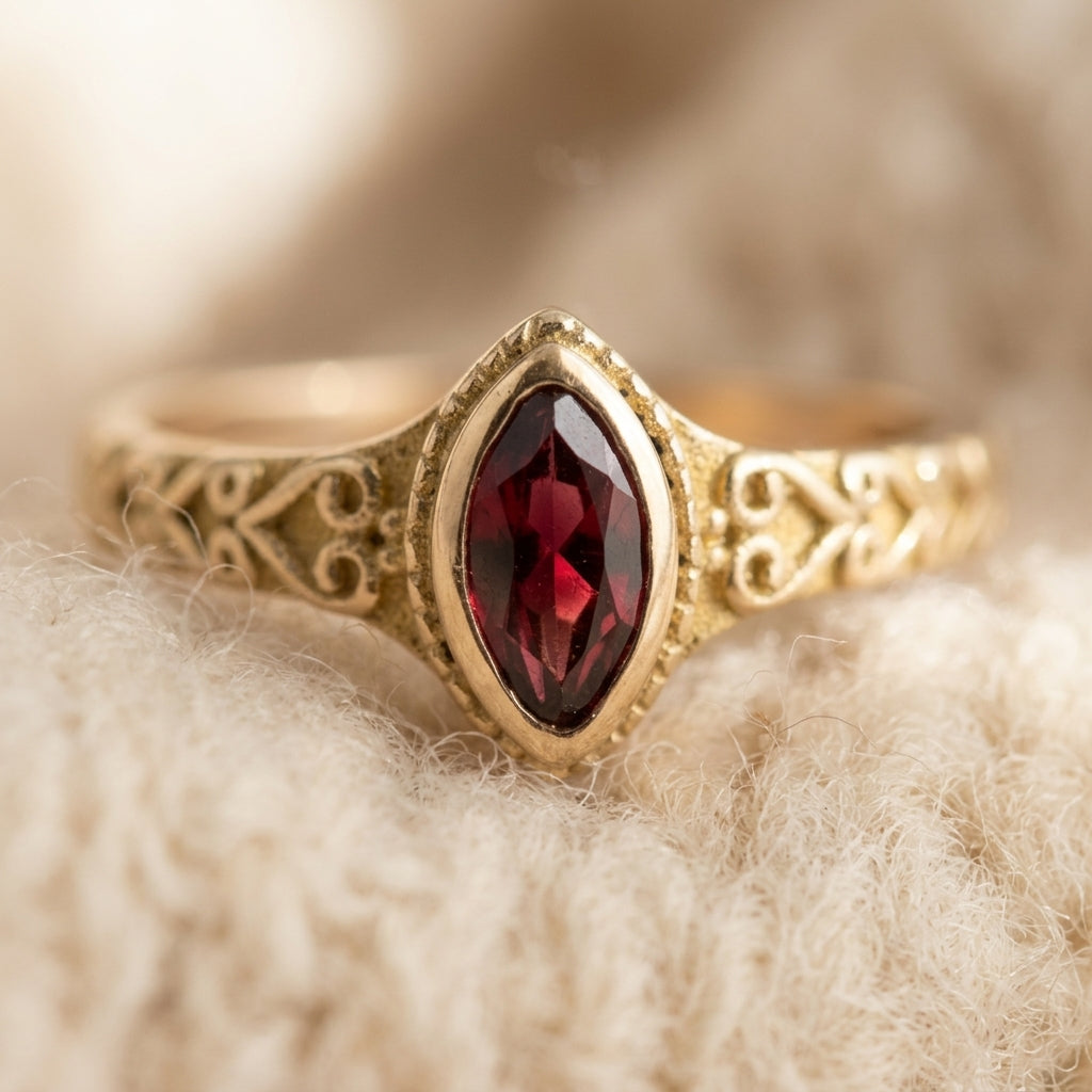 By Sophi Vintage Red Inlaid Stone Gold Ring, detail macro on warm cream wool